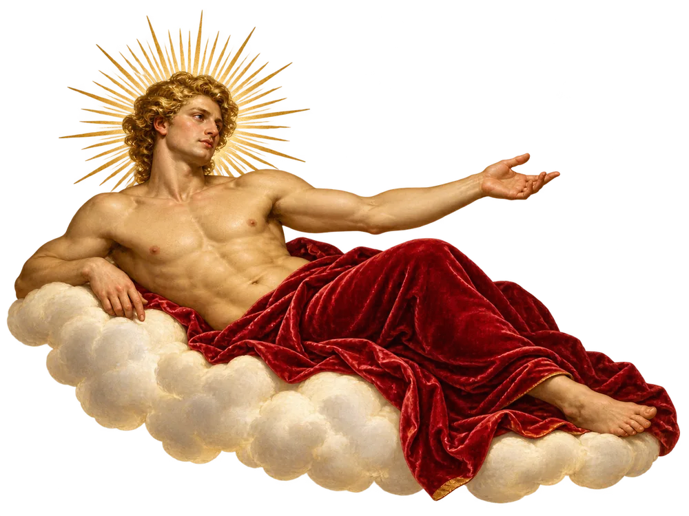 A Renaissance figure with a golden halo reaching out across the clouds